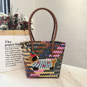 Vintage rayé Weenie chien tissé sac femmes sac <span class=keywords><strong>à</strong></span> main fourre-tout en Nylon corde pendentif fermeture ouverte PVC doublure broderie sac de plage - Product Image 4