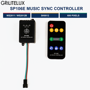 Controlador de Tira LED Reactiva al Sonido SP106E con Micrófono Incorporado DC5-12V y Control Remoto RF de 9 Teclas para Píxeles RGB WS2812B - Product Image 1