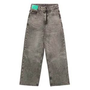 Custom Heren Vintage 100% Katoen Oversized Losse Grijze Jeans Trendy Street Green Digitaal Borduurwerk Mid Standaard Riem 5 Zakken