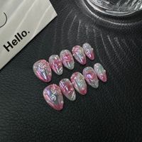 Lot de 10 faux ongles Aurora sirène courts en amande, faits à la main, à presser, réutilisables, de luxe, avec fleurs 3D, pour les vacances d'été