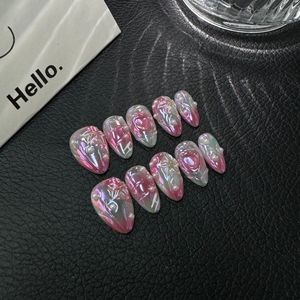 Lot de 10 <span class=keywords><strong>faux</strong></span> <span class=keywords><strong>ongles</strong></span> Aurora sirène courts en amande, faits à la main, à presser, réutilisables, de luxe, avec fleurs 3D, pour les vacances <span class=keywords><strong>d</strong></span>'<span class=keywords><strong>été</strong></span> - Product Image 2