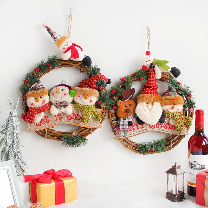 Amazon Hot Sale Christmas Wreath Santa Claus Snowman Design Door And Party Decoration 14 Inch Ornament