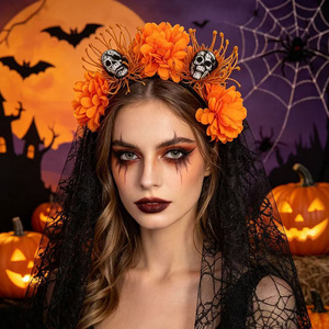 Diadema de tela hecha a mano con crisantemos de simulación de novia fantasma de Halloween para mujer, velo de calavera, pinza para el pelo, para fiesta de disfraces - Product Image 6