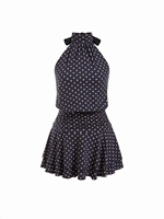 Robe d'été décontractée pour femme à pois, col halter, mini, avec nœud à nouer au dos, sans manches, double couche, ourlet à volants, coupe trapèze, pour le quotidien, taille XS