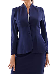 Conjunto de Dos Piezas para Mujer, Estilo De Maison, Azul Marino, Satén, Cuello Alto, Cierre de Botones, Ropa Formal de Negocios, Manga Larga, Hasta la Rodilla - Product Image 3