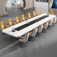 Table de conférence moderne de luxe en bois blanc contemporain, finition brillante, grande table de réunion pour salle de conseil, gestion des câbles, durable