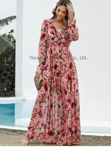 Nuovo Stile 2026: Abito Lungo Floreale con Scollo a V Profondo e Funzione Snellente in Vita, Maniche Lunghe, Elegante Set di Abiti da Donna - Product Image 1