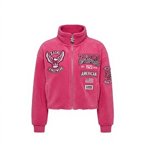 Women Crop Top Polar Fleece <b>Jacket</b> 320 GSM Premium Polyester Fleece <b>Pink</b> Custom Embroidery Chenille Patch Screen Print OEM ODM - Product Image 1