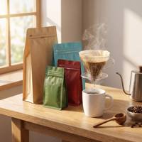 Sachets personnalisés imprimés en héliogravure de qualité alimentaire pour le stockage hermétique des grains de café torréfiés en petites séries, avec fermeture éclair.