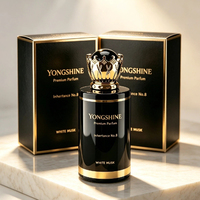 Vente en gros de flacons de parfum en verre noir de 25 ml, 50 ml, 100 ml avec bouchon couronne doré, boîte personnalisée avec logo couleur, MOQ 1000 pièces pour le Moyen-Orient