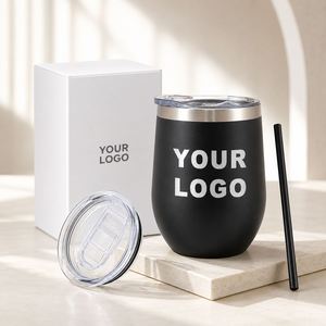 Gobelets à vin isothermes en acier inoxydable à double paroi de 12 oz avec logo personnalisé, revêtement en poudre, couvercle coulissant anti-fuite, pour les entreprises - Product Image 1