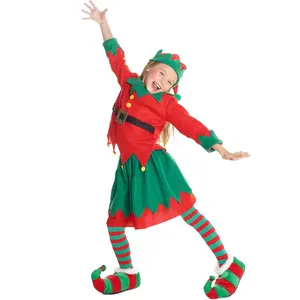 Setelan kostum Natal anak perempuan, kostum Santa Helper Elf karakter liburan