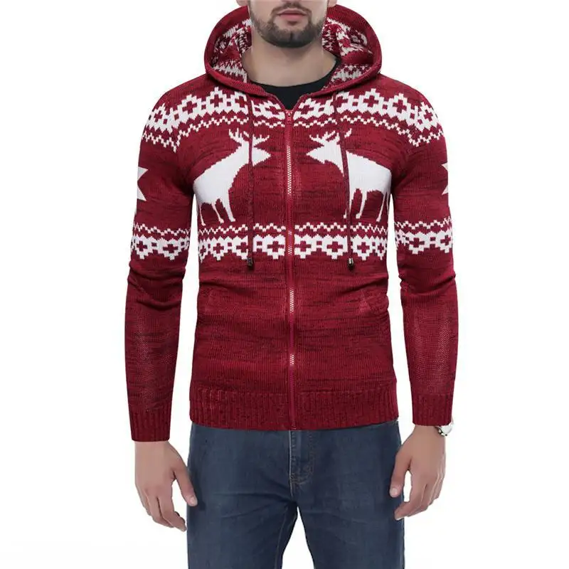 Men Hooded Sweater Zipper Long Sleeve Cardigan Knitted Christmas Sweaters with Hood