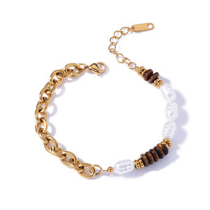 High Quality 316L Stainless Steel 14k 18k Gold Plated Fashion <b>Bracelets</b> & Bangles Tiger Eye And Pearl <b>Beaded</b> <b>Bracelet</b> for Women - Product Image 4