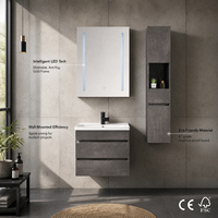 Set Meja Rias Kamar Mandi Modern Abu-abu 800mm dengan Cermin LED & Kabinet Samping Hemat Ruang, Kabinet Mandi Gantung Dinding untuk Apartemen