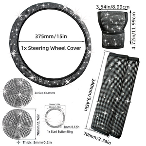 MELCO A1 Ensemble d'accessoires de voiture 8Pcs Gear Handbrake Cover Shoulder Armrest Pad Women's Colorful Diamond Bling Steering Wheel PU - Product Image 2