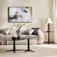 Ensemble de 2 tables basses rondes imbriquées, style moderne minimaliste, plateau en pierre frittée, pieds en métal noir, table basse pour petit appartement, salon