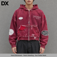 Sweat-shirt à capuche zippé court épais bordeaux personnalisé, effet soleil délavé, vintage, 380 g/m², avec patch appliqué vieilli à la main et fermeture éclair métallique, OEM ODM