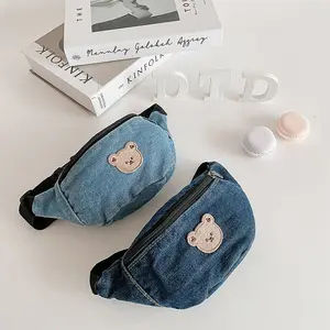 Tas pinggang kecil anak-anak tas kurir denim kasual beruang kartun bayi tas punggung mini bepergian anak laki-laki dan perempuan santai