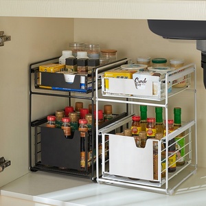 Panier <span class=keywords><strong>d</strong></span>'armoire coulissant en métal à 2 niveaux <span class=keywords><strong>Tiroir</strong></span> à épices de cuisine Mesa Rack Under Sink Organizer Holder Storage Basket Corner Shelf - Product Image 5