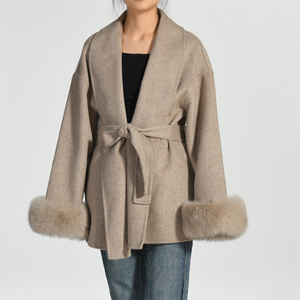Модное роскошное укороченное двухстороннее шерстяное пальто ручной работы с поясом большие манжеты из натурального Лисьего меха на заказ зимнее женское элегантное шерстяное пальто - Product Image 5