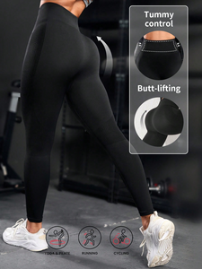 Leggings de sport côtelés taille haute pour le yoga, longueur intégrale, sans couture, noirs, en Spandex/Polyester, extensibles dans les quatre sens - Product Image 4