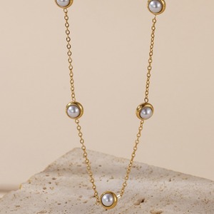 18K PVD Gold Stainless Steel Minimalist Pearl Necklace <b>Bracelet</b> Earrings Set | Waterproof Hypoallergenic <b>Matching</b> Jewelry - Product Image 2