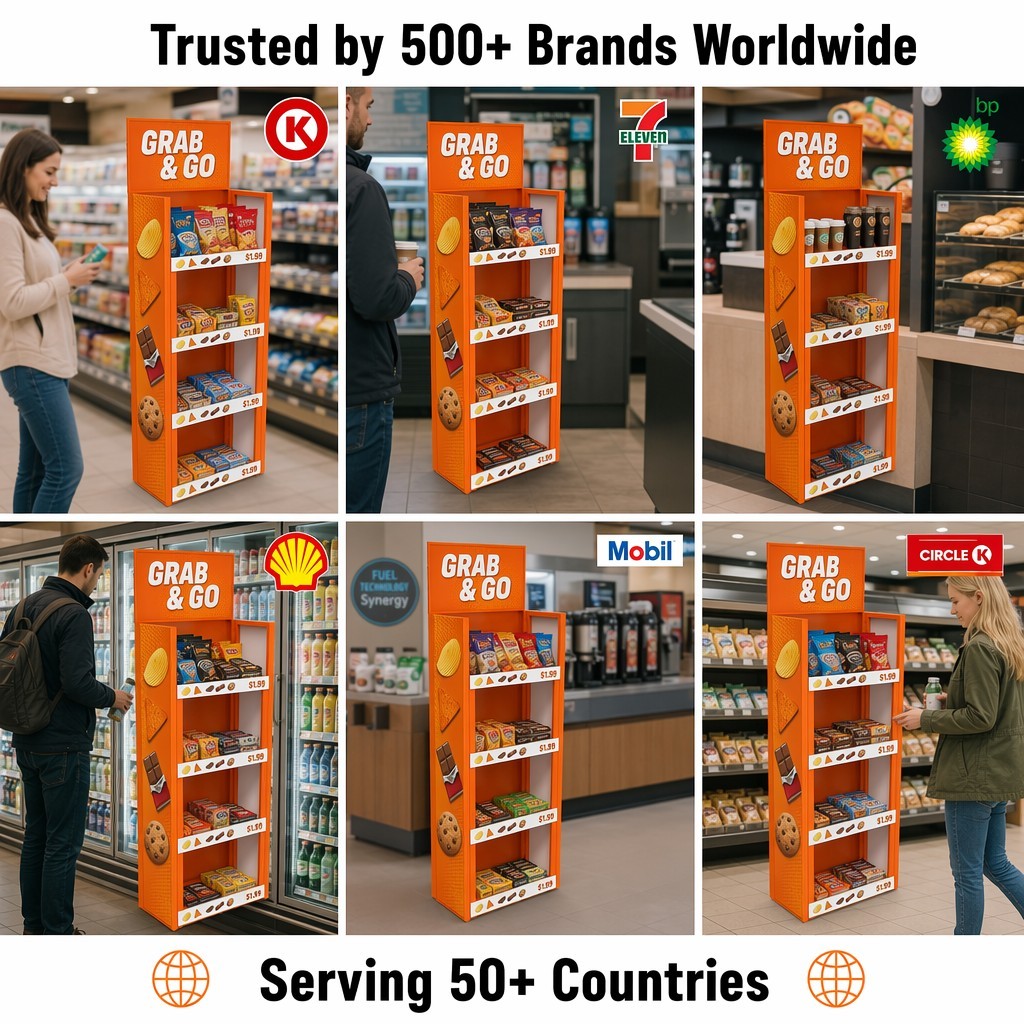 Apache Custom Snack Display Rack 4-Way 4-Tier Metal Food Merchandiser Knock Down Rotating Display Stand for Gas Station OEM ODM — view 6
