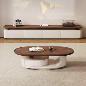 Modern Oval Coffee <b>Table</b> <b>Walnut</b> Top White Base Storage Living Room Furniture - Product Image 3