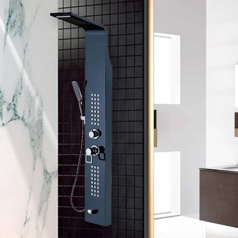 MCBKRPDIO Massage 3-Jetted Shower Panel System with Heavy Rain Shower and Spray Wand in Black Rainfall Waterfall Tower System