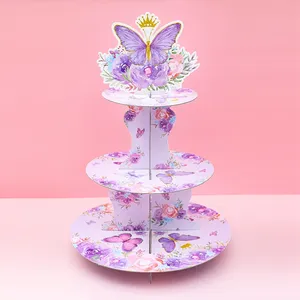 3 단 보라색 나비 컵케익 스탠드 크라운 나비 테마 생일 파티 장식 튼튼한 판지 케이크 홀더