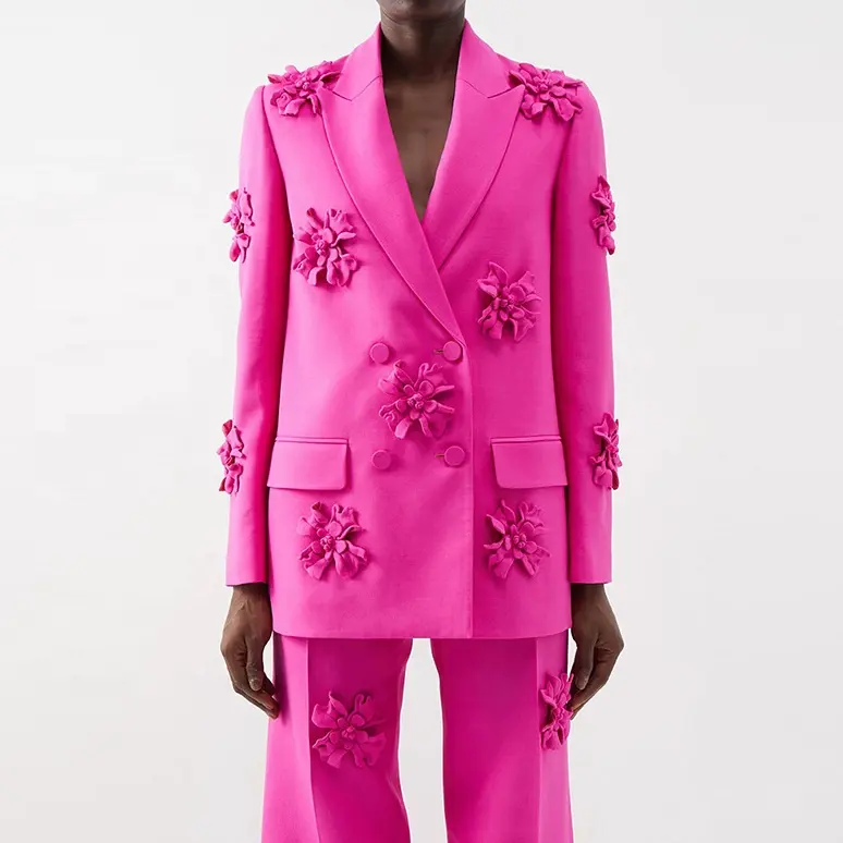 High quality luxury ladies elegant blazer suit 2 two piece set 3D flower floral office wear formal business suits set for women