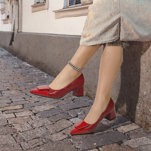 Escarpins pour femmes en cuir verni à bout pointu, talon carré, avec boucle et nœud papillon serpentin, grandes tailles, chaussures habillées à talon haut pour le quotidien - Product Image 3