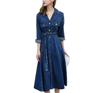 Newest fashion elegant design sleeveless denim long one piece dress for ladies