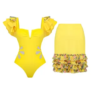 Retro Swimsuit Amarelo Plissado One Piece Swimwear Sexy V-Neck Oco Bikini Beachwear Wrap Saia Trajes de banho para Mulheres