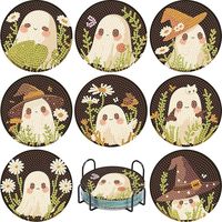 Kit de 8 sous-verres personnalisés pour la Peinture Diamantée Thème Jour des Morts, motif Crâne de Sucre et Fille Mexicaine, en acrylique avec gemmes, avec support en fer