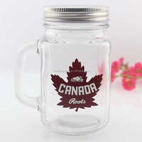 Hoogwaardige gepersonaliseerde logo 16oz 475ml vierkante glazen mason jar voor bier, fruitsap en dranken met handvat en aluminium deksel