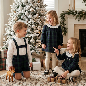 Abiti coordinati per la famiglia in flanella tartan verde, vestito con volant e <span class=keywords><strong>pantaloncini</strong></span> coordinati per fratello e sorella, abiti natalizi per bambini. - Product Image 2