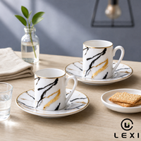 Ensemble tasse et soucoupe en porcelaine veinée marbre, bordure noire et or, pour expresso et café, vente en gros, maison, bureau, cuisine, café, bar, table, cadeau, décoration
