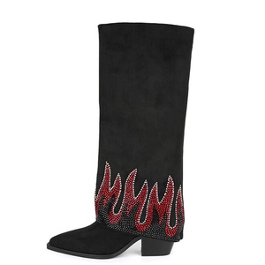 Bottines longues douces en suède avec superposition de petits diamants, bottes hautes pour femmes, bleu, talon épais, grande taille 45 - Product Image 3