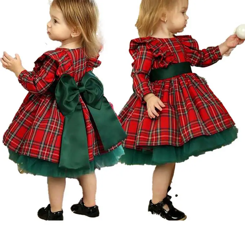 Vestido Retro de Navidad para niñas de 6 a 6 años, con lazo a cuadros rojos, KGCD-023, 2022