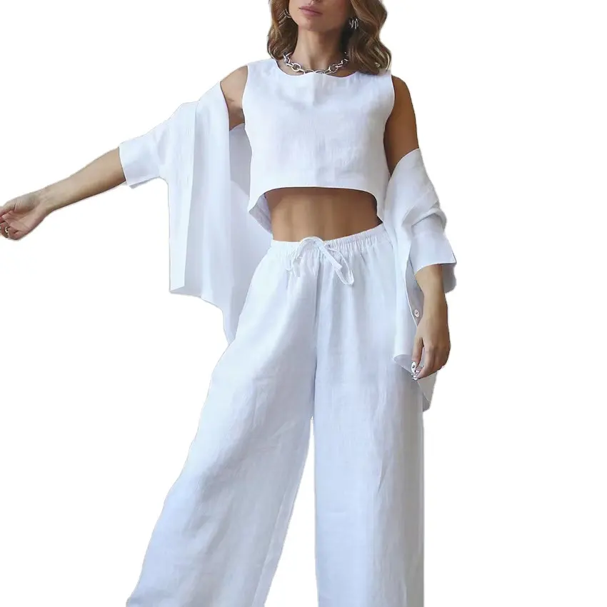 Piyama Wanita Set Linen Katun 3 Potong Pakaian Santai Solid Pengiriman Drop Desainer