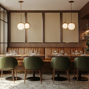 Ensemble <span class=keywords><strong>de</strong></span> meubles <span class=keywords><strong>de</strong></span> <span class=keywords><strong>restaurant</strong></span> <span class=keywords><strong>de</strong></span> restauration rapide commercial moderne en bois et cuir <span class=keywords><strong>de</strong></span> couleur orange et verte, table et chaise, canapé, banquette - Product Image 1