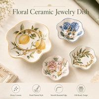 Plateau à bijoux en céramique personnalisé, motif floral botanique, forme de fleur ondulée, pour bagues, boucles d'oreilles, bracelets, OEM ODM, boîte cadeau, vente en gros