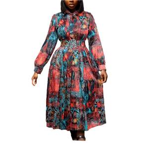 Vestido Plisado Informal de Talla Grande con Cintura Alta y Cinturón Estampado para Oficina, Moda - Product Image 1