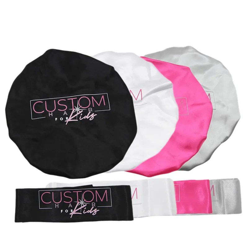 Personalised Private Label Custom Logo Print Soft Satin Night Sleep Durags Bonnet with Silk Hair Wrap Elastic Band Set