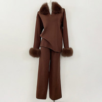 Ensemble tricoté pour femme, hiver 2025, doux et chaud, avec col en fourrure de renard véritable amovible, pull et pantalon large à jambes droites