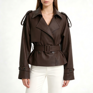<b>Women's</b> <b>Brown</b> Genuine Leather Bomber <b>Jacket</b> Full Sleeve Stand Collar Zipper Closure Autumn Style Regular Length - Product Image 1