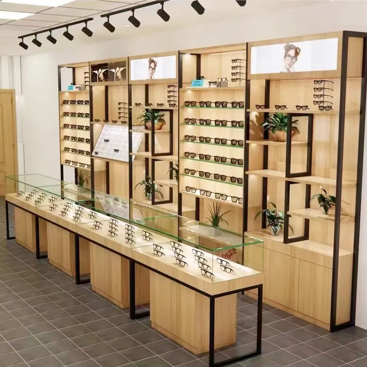 स्टाइलिश ऑप्टिकल दुकान प्रदर्शन चश्मा काउंटर शोकेस शोकेस डिजाइन और उत्पादन के लिए उच्च अंत आधुनिक आंख पहनने दुकान फर्नीचर