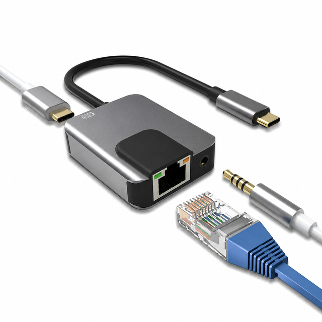USB-C to Gigabit Ethernet Adapter with PD Charging 3.5mm Audio Jack RJ45 LAN Network Converter for Laptop MacBook Tablet Phone